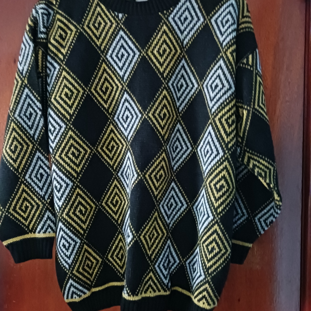 Fortune Knit, Inc  Black and Gold Diamond Pattern Sweater